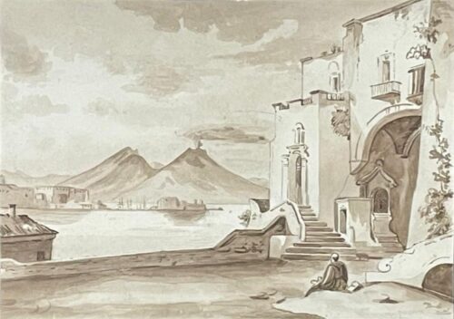 Arquitectura ribereña con el Vesubio al fondo