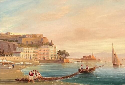 Escena portuaria con pescadores