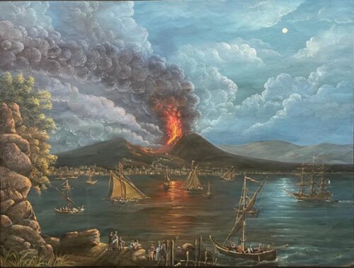 Night view of the harbour with Vesuvius erupting