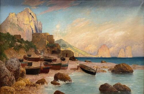 Costa rocosa con embarcaciones varadas